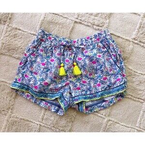 Vineyard Vines Flamingo Print Linen Pull-On Shorts Womens XS Tassel Embroidered